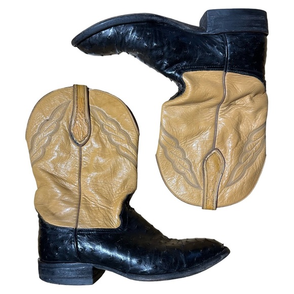 Hondo El Paso TX Men’s Cowboy Boots 8794 Ostrich Tan & Black Size 10 E USA Made - Picture 1 of 10